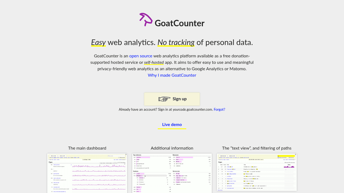 Screenshot of https://www.goatcounter.com/